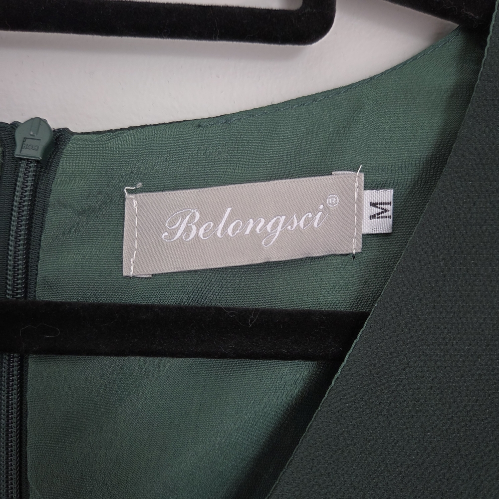 Belongsci Dark Green Loose Fit Shift Mini Dress 3/4 Tiered Bell Sleeve Size M - Picture 2 of 10